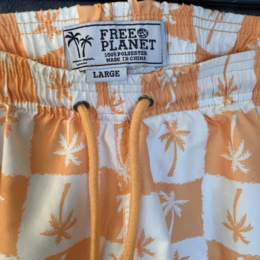 Free Planet Mens Large Hawaiian Lined Swim Trunks & Shirt Orange & White